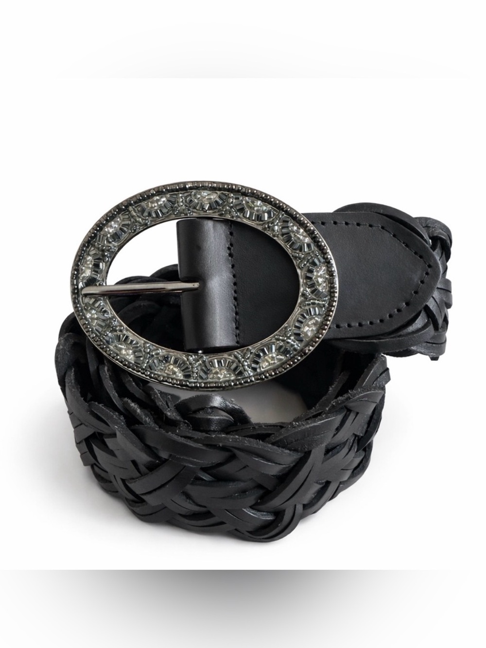 White House Black Market Black Braided Leather Belt | Rhinestone Oval Buckle S/M